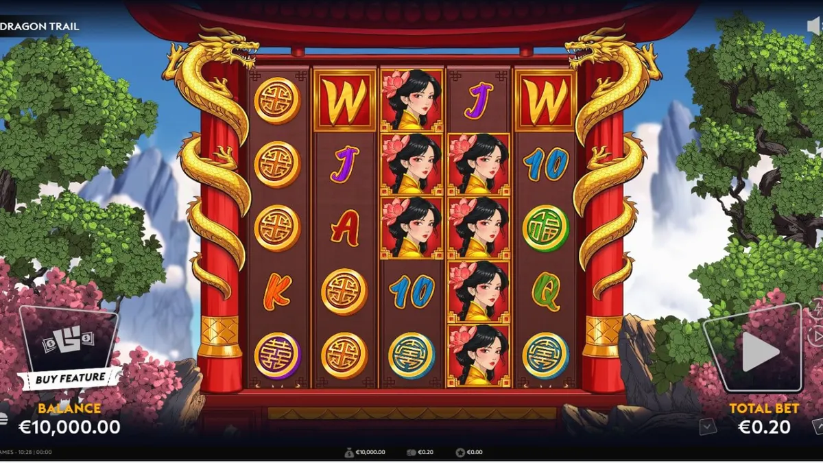 Tampilan visual slot Dragon Trail dengan naga emas dan latar belakang pagoda
