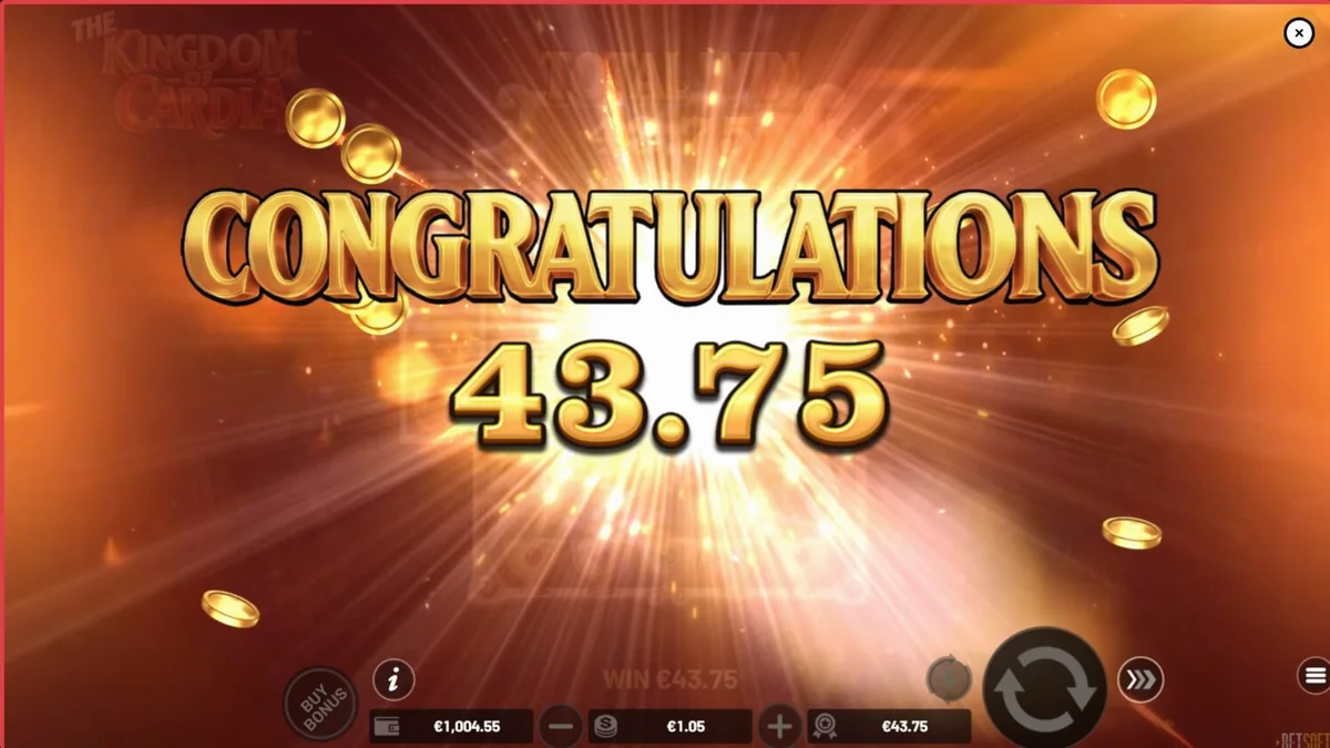 The Kingdom of Cardia slot game interface showing whimsical garden theme